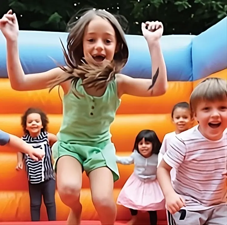 Niños felices en juegos inflables