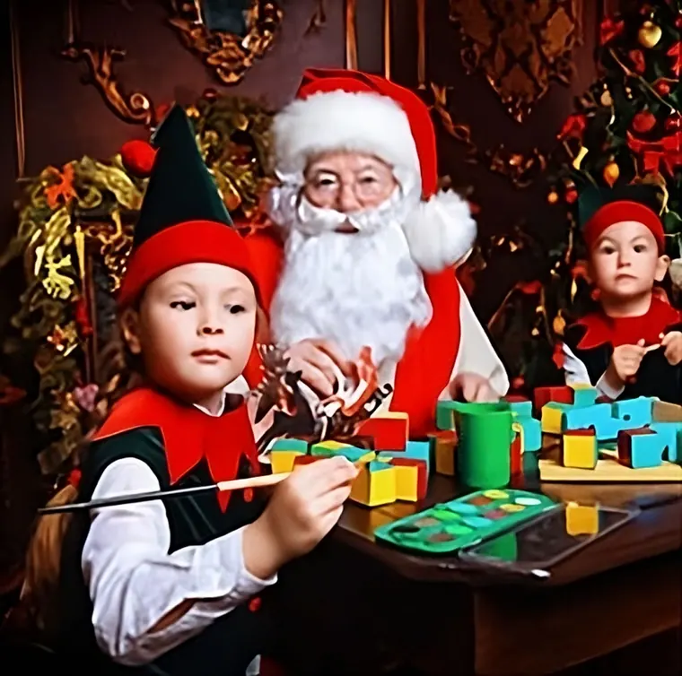 Santa Claus con duendes en su taller